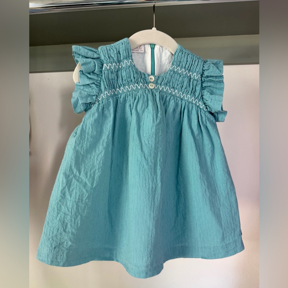Smocked Ruffle Sleeve Kids Dress - Teal